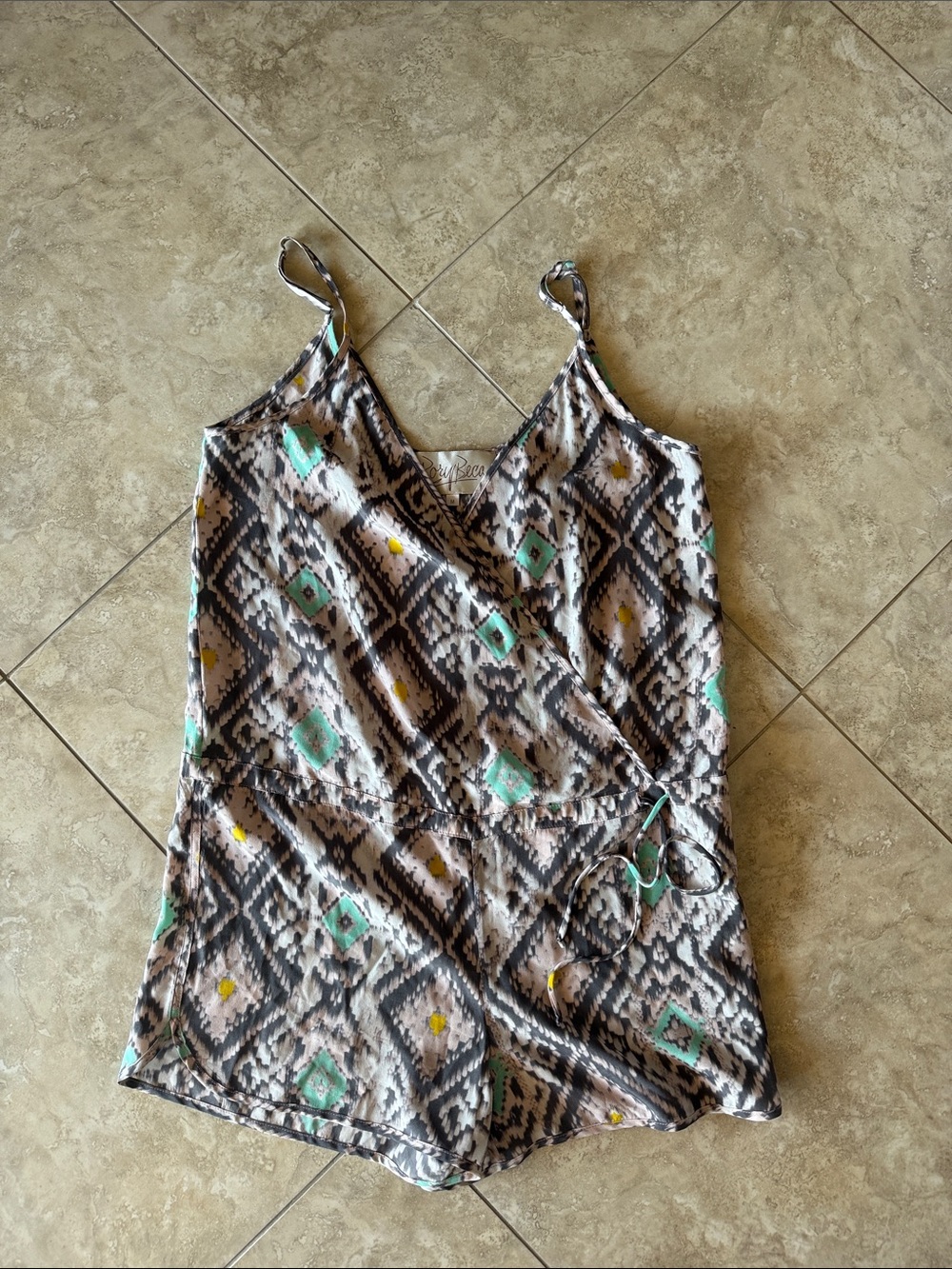 Rory Beca Sleeveless Patterned Silk Tie Tank Top Romper- Mint/Gray, Size Medium